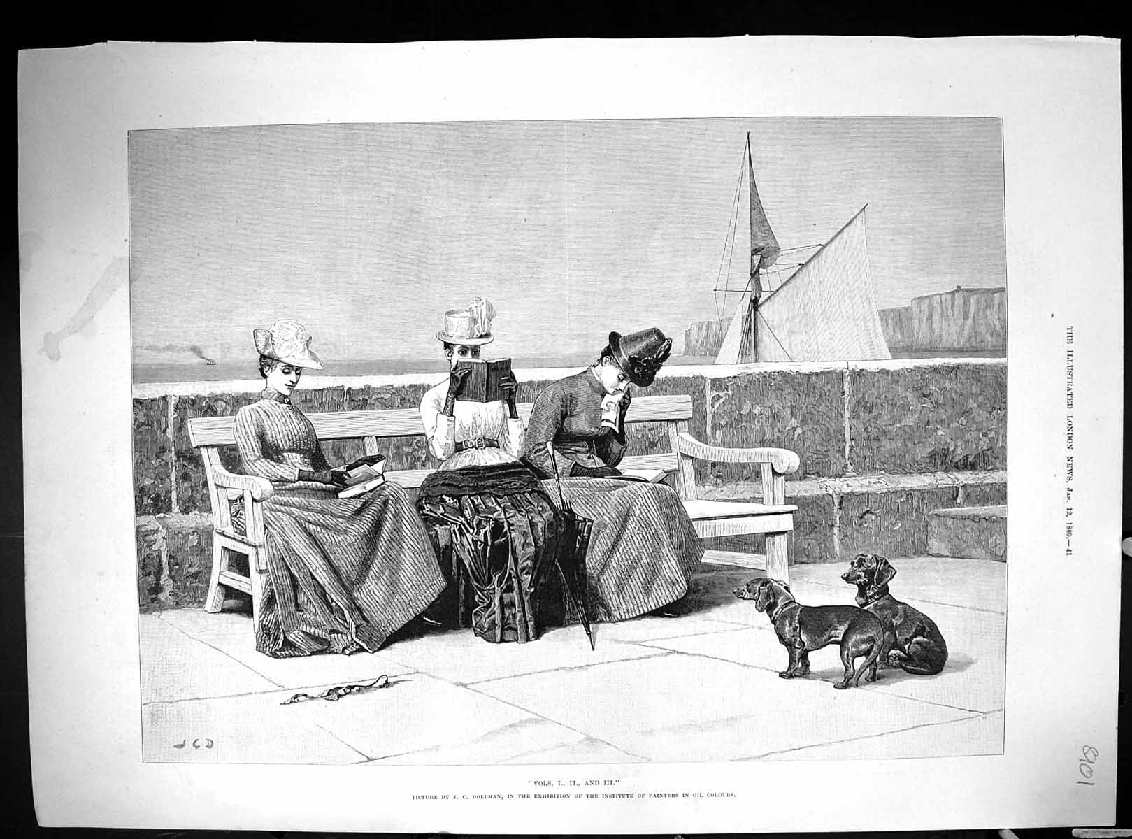 Old 1889 Ladies Reading Book Sea Scene Shaftesbury Memorial Hall Sout 19th