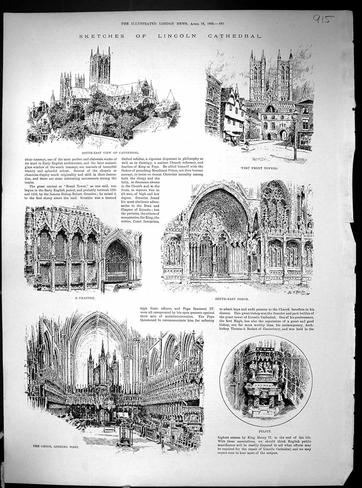 Old Print 1892 Lincoln Cathedral Pulpit Choir Chantry Angel Architecture 19th