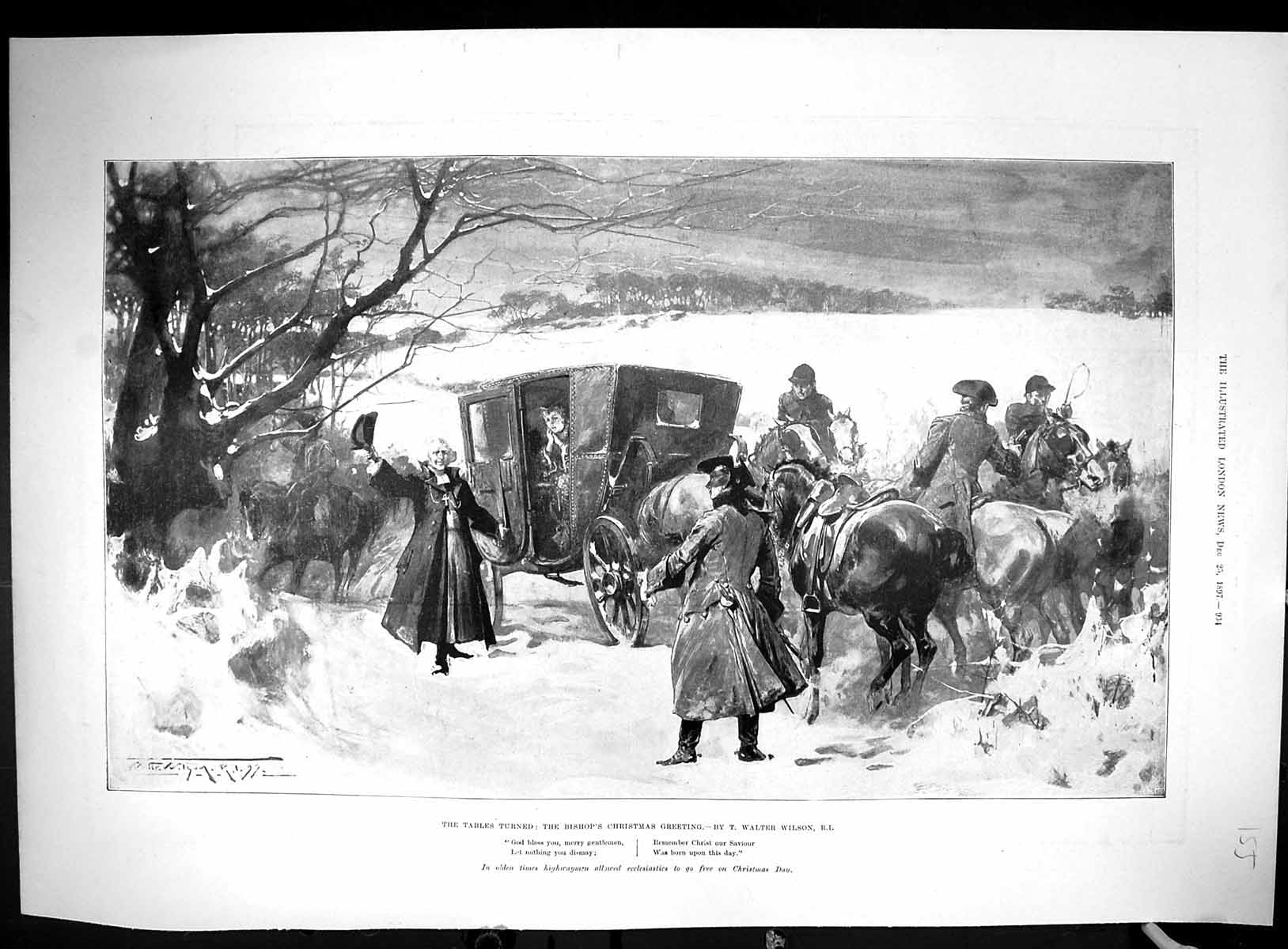 Old 1897 Bishops Christmas Greeting Horse Coach Hard Times Birds Tree 19th