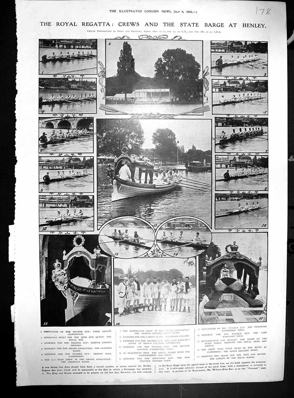 Old 1912 Royal Regatta State Barge Henley Cambridge Quimby Enoch Bonn 20th