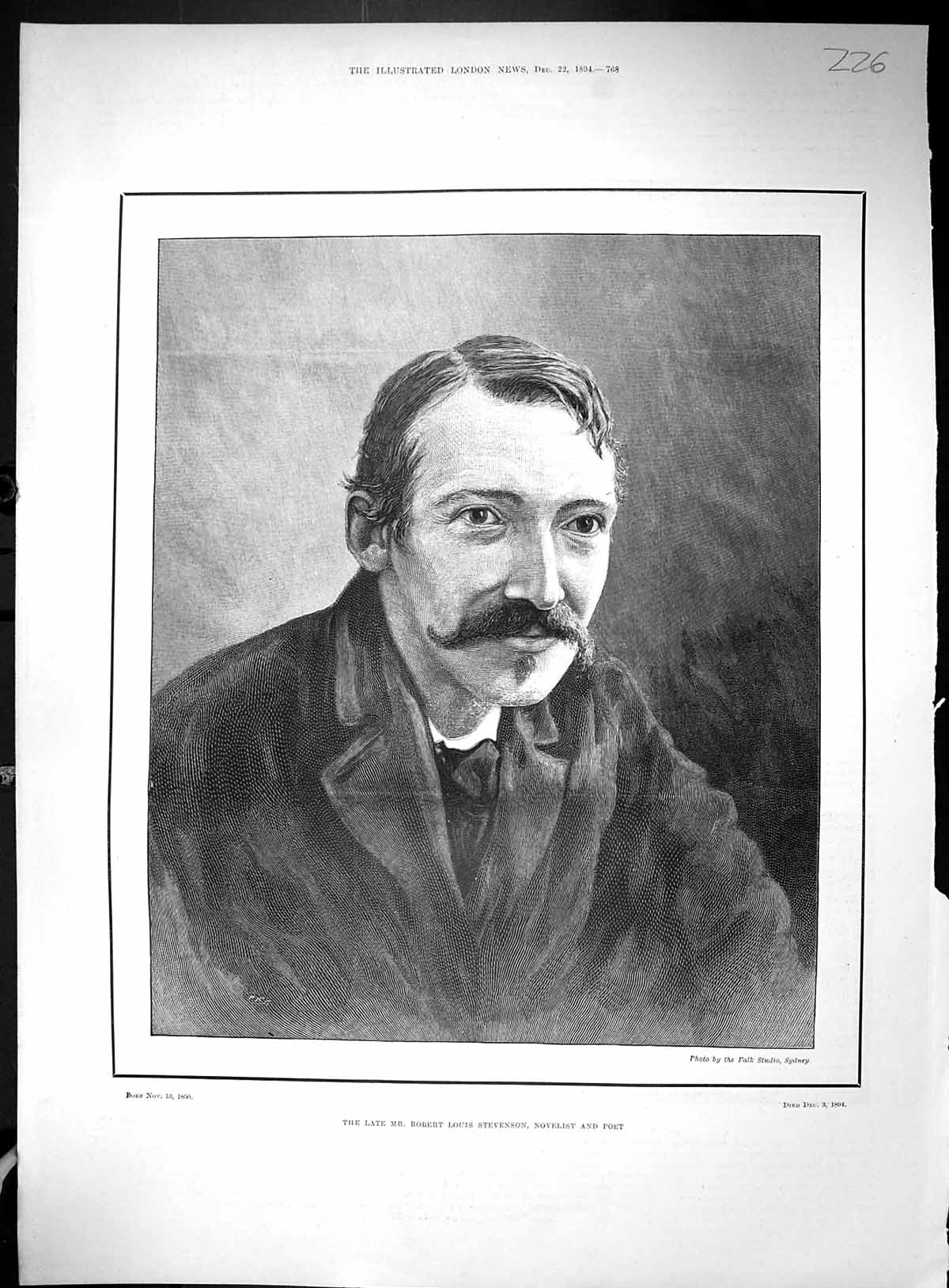 Old 1894 Portrait Robert Louis Stevenson Novelist Poet John ThompsonVictorian