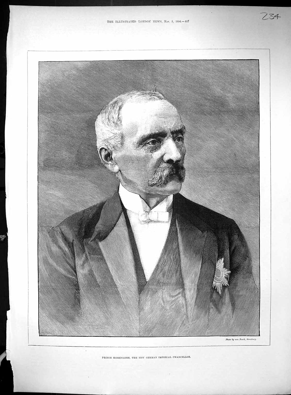 Old 1894 Portrait Prince Hohenlohe German Imperial Chancellor StatueVictorian