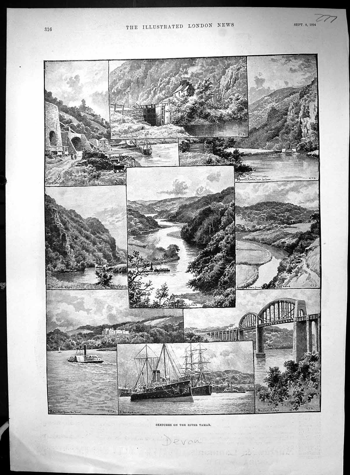 Old 1894 River Tamer Devon Morwell Rocks Bridge Ships Fishermen Boats 19th