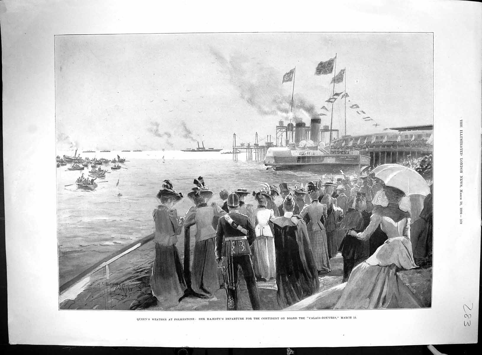 Old 1899 Queen Departure Folkestone Ship Calais-Douvres Theatre Matin 19th
