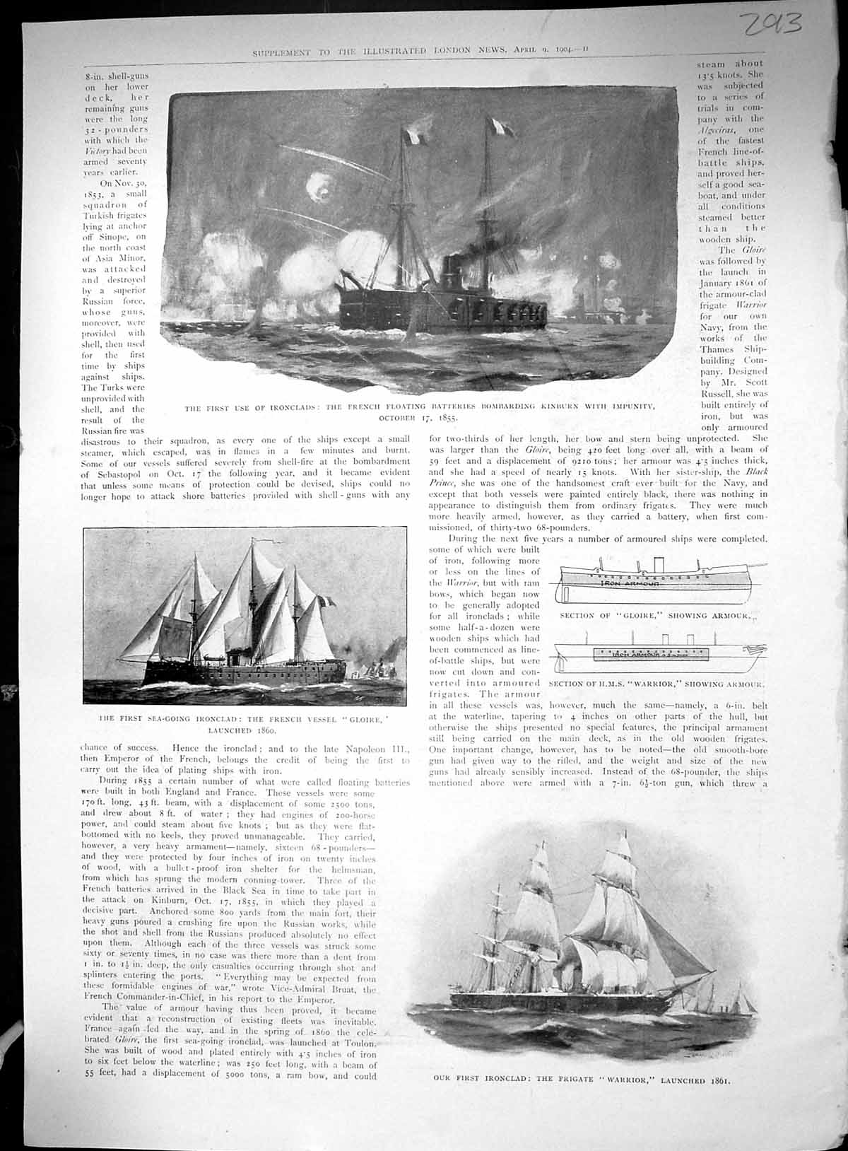 Old 1904 French Floating Ship Kinburn Warrior Gloire Agamemnon Sanspa 20th