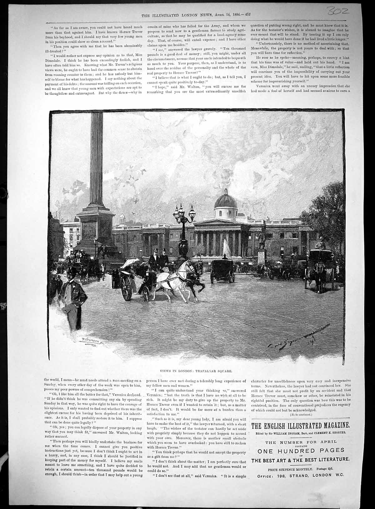 Old Print 1894 Trafalgar Square London Transport Ladies Men Church Scene 19th