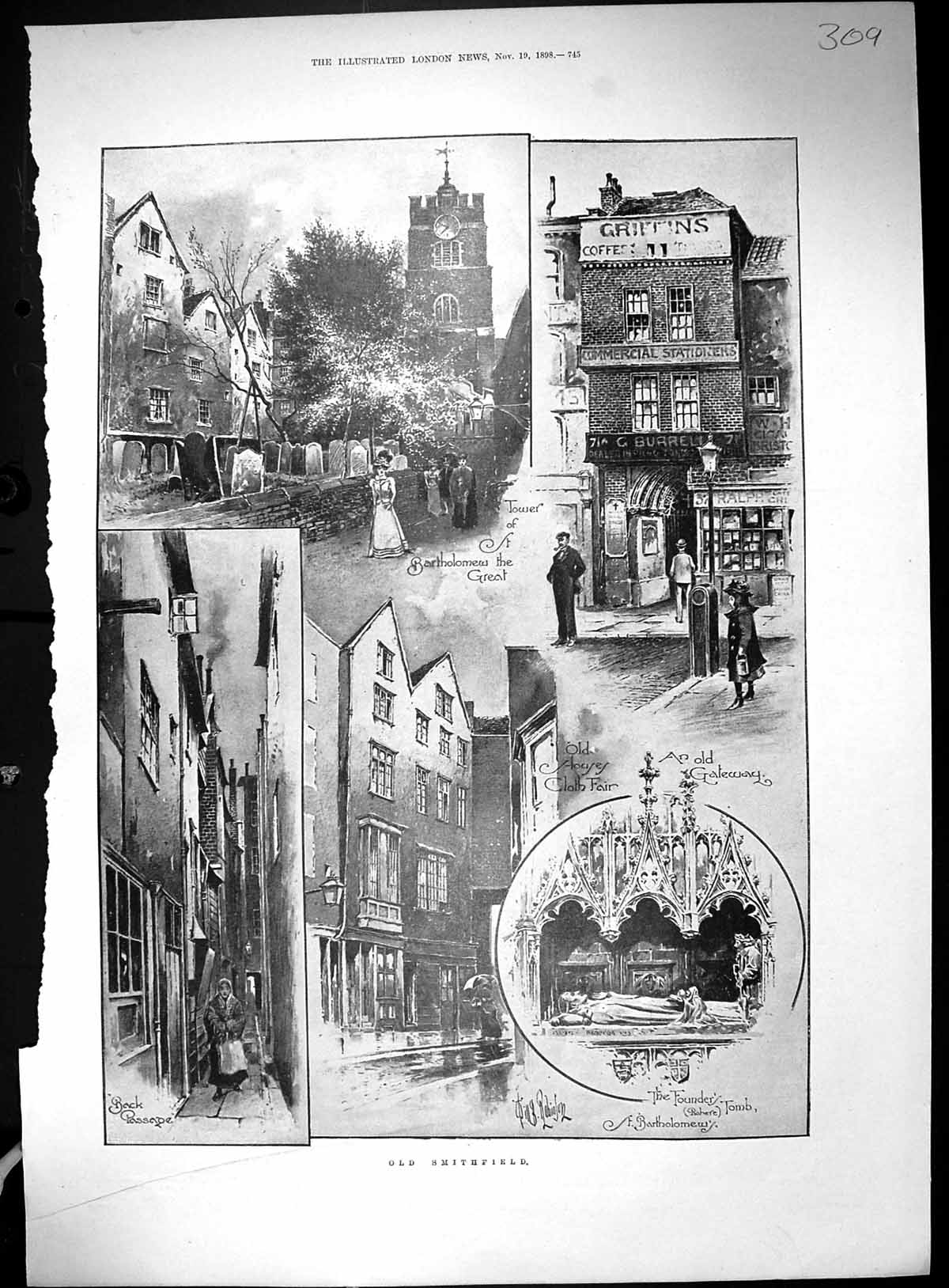 Old Print 1898 Smithfield Bartholomew Tower Cloth Fair Church Jerusalem 19th