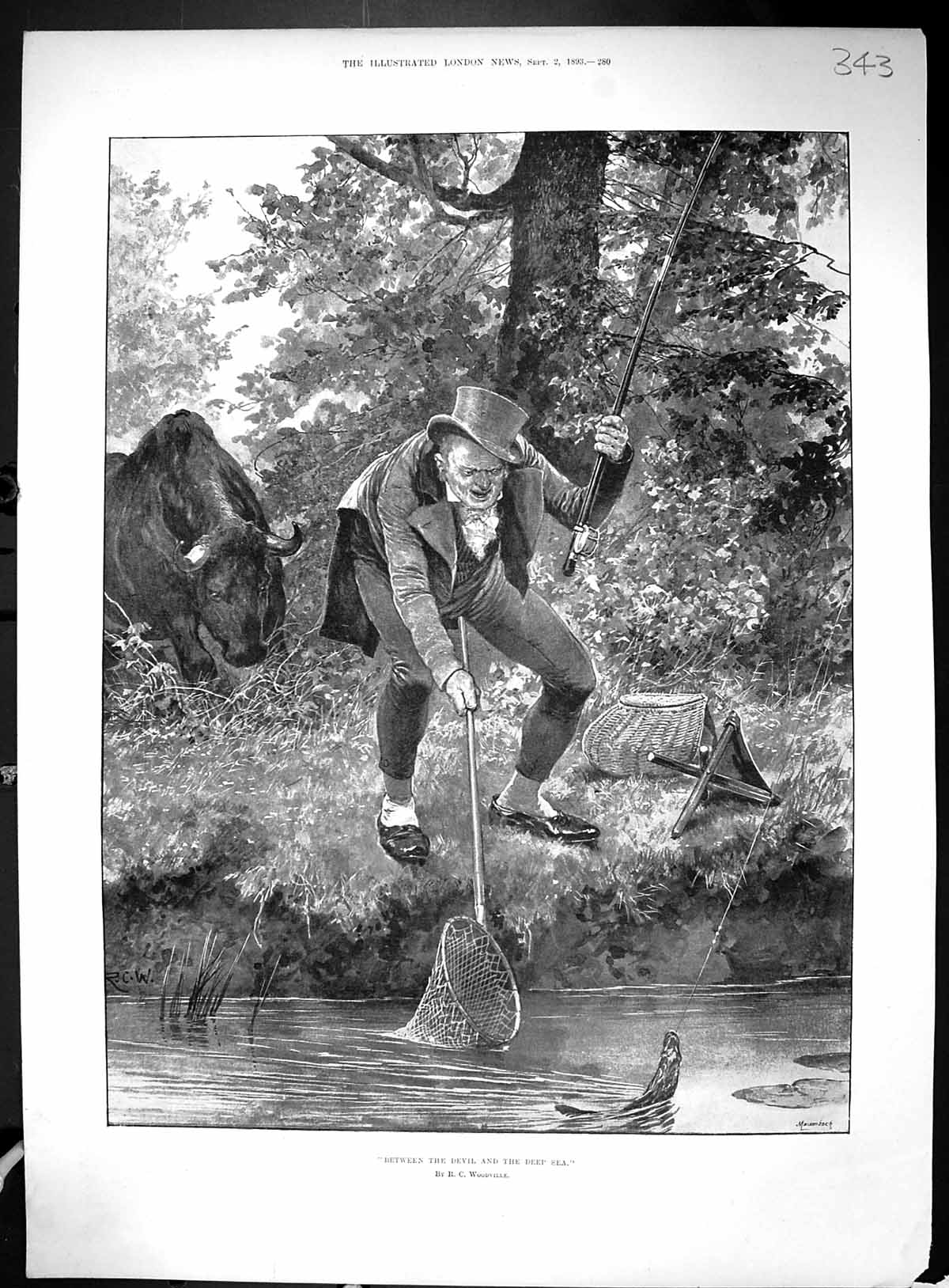 Old 1893 Man Fishing River Bull Bristol Fine Art Industrial Exhibitio 19th