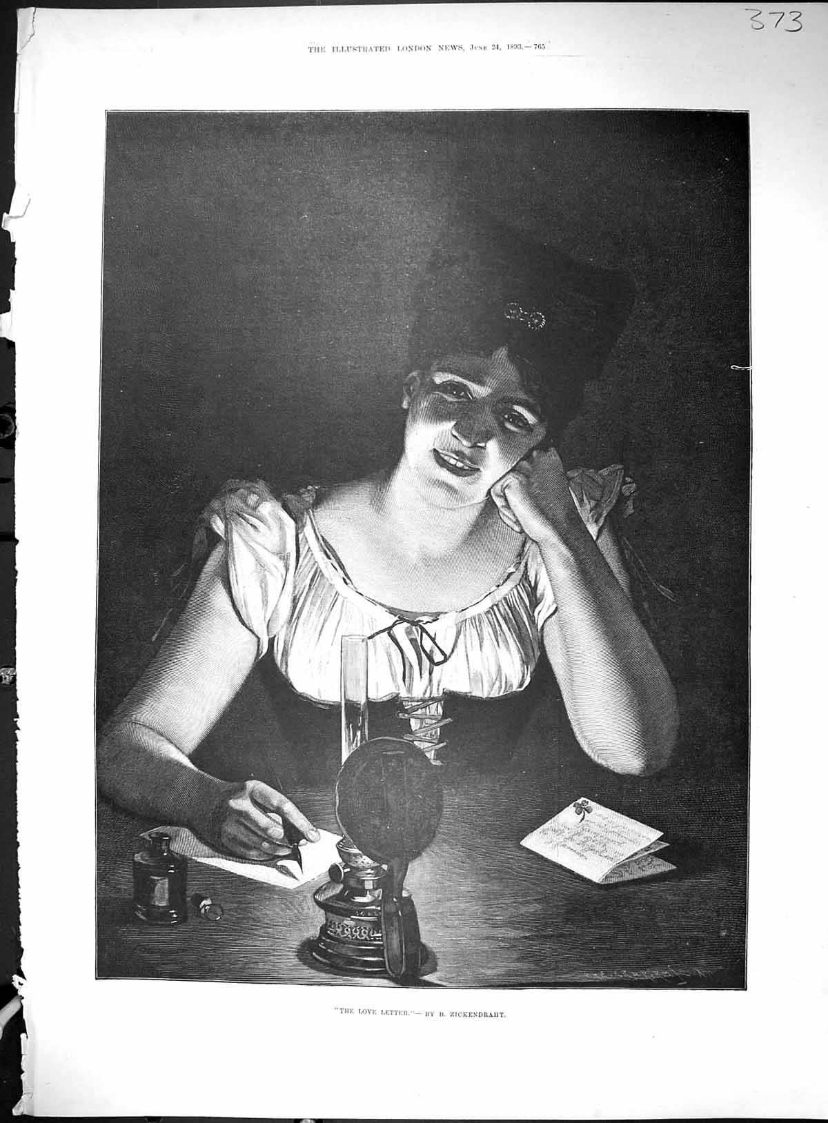 Old Print 1893 Women Reading Love Letter Lamp Light Piano Chappell Music 19th