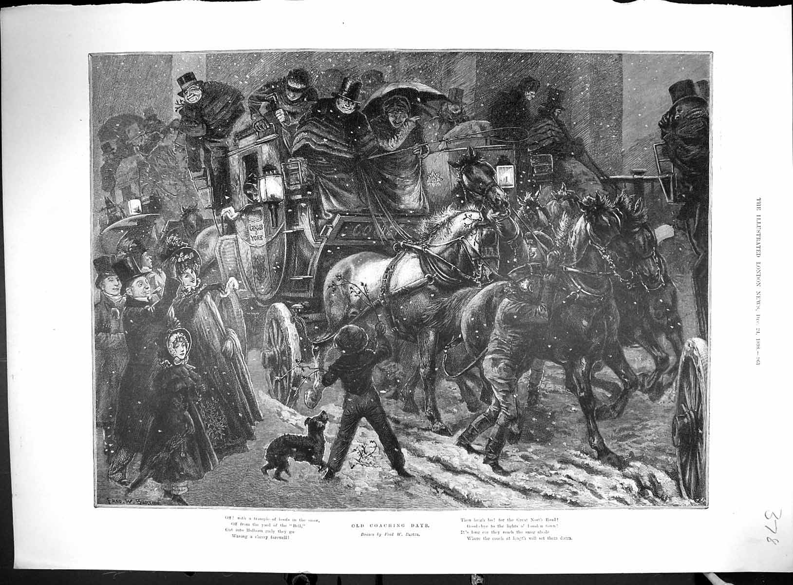 Old Print 1898 Coaching Days Transport Horses Pixies Robbing Santa Clau 19th