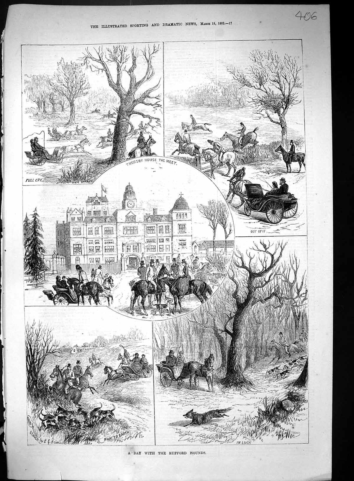 Antique Old Print 1882 Rufford Hounds Fox Hunting Thorsby House Horses Sport