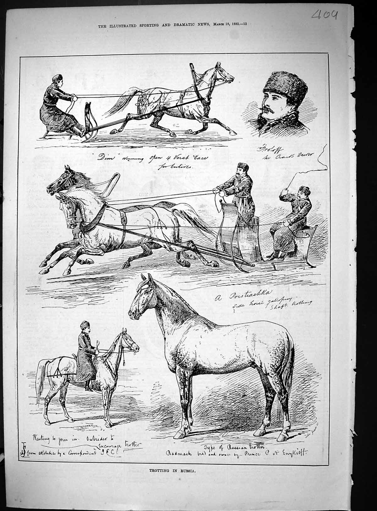 Original Old Antique Print 1882 Horses Trotting Russia Sport Swain Victorian