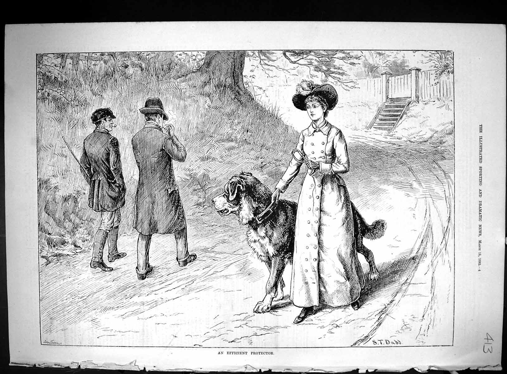 Old 1882 Efficient Protector Lady Walking Big Dog Men Smoking Pipe Da Victorian