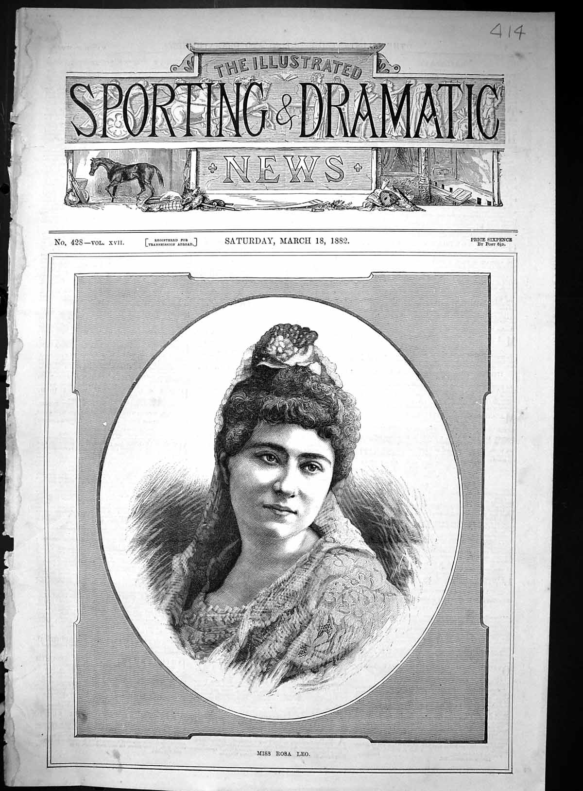 Original Old Antique Print Portrait Beautiful Woman Miss Rosa Leo 1882 19th