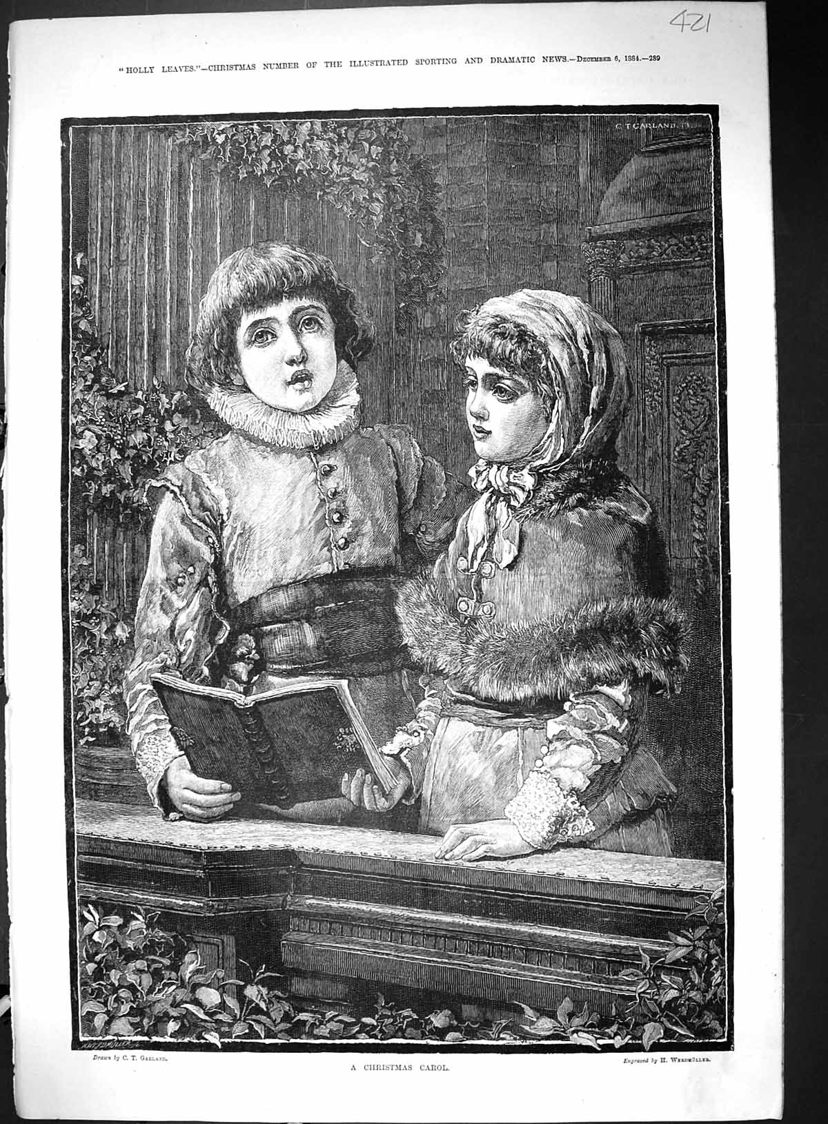 Original Old Antique Print 1884 Christmas Carol Children Singing Church 19th