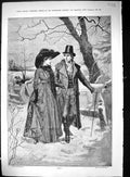 Original Old Antique Print 1884 Lady Man Romance Walking Winter Snow Victorian