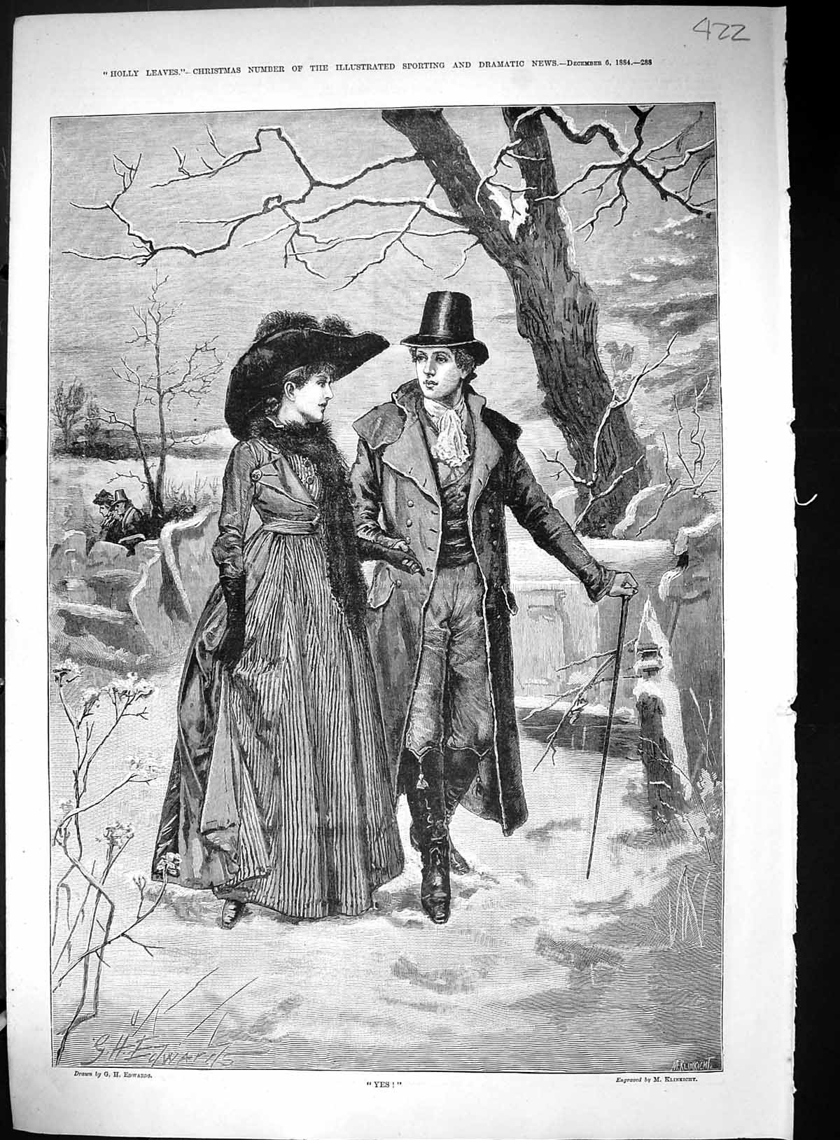 Original Old Antique Print 1884 Lady Man Romance Walking Winter Snow Victorian