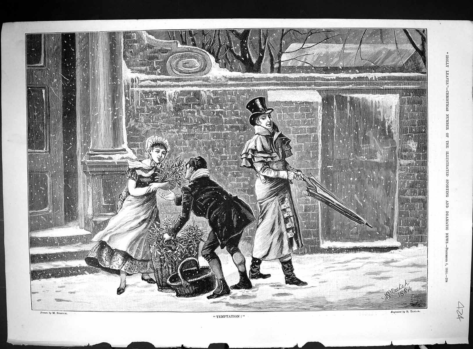 Old 1884 Temptation Man Lady Romance Christmas Mistletoe Snow Umbrell Victorian