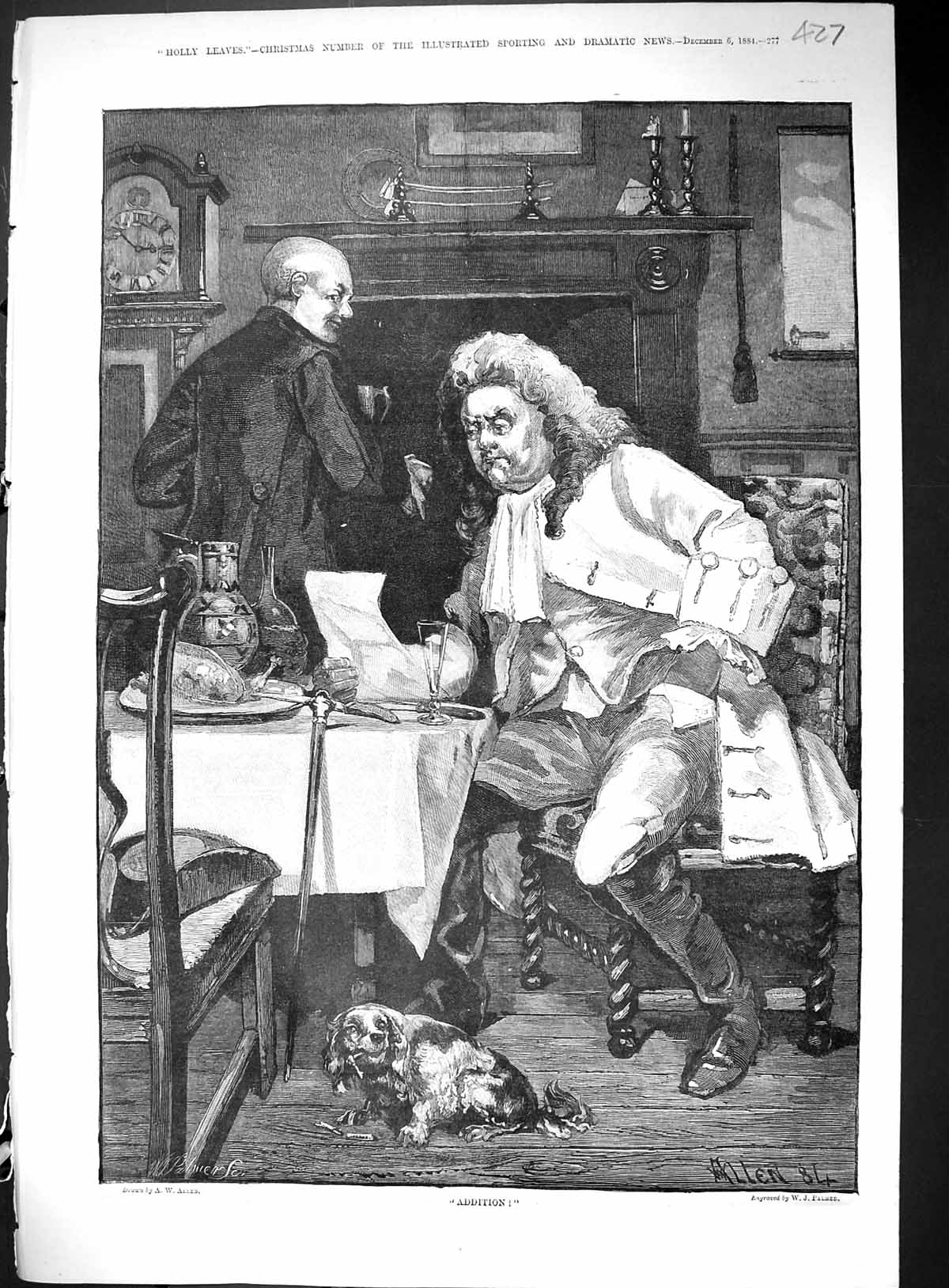 Old 1884 Addition Man Sitting At Dinner Table Reading Letter Pet Dog Victorian