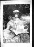 Old 1884 Beautiful Women Reading Newspaper Garden Scene Book Beauty K Victorian