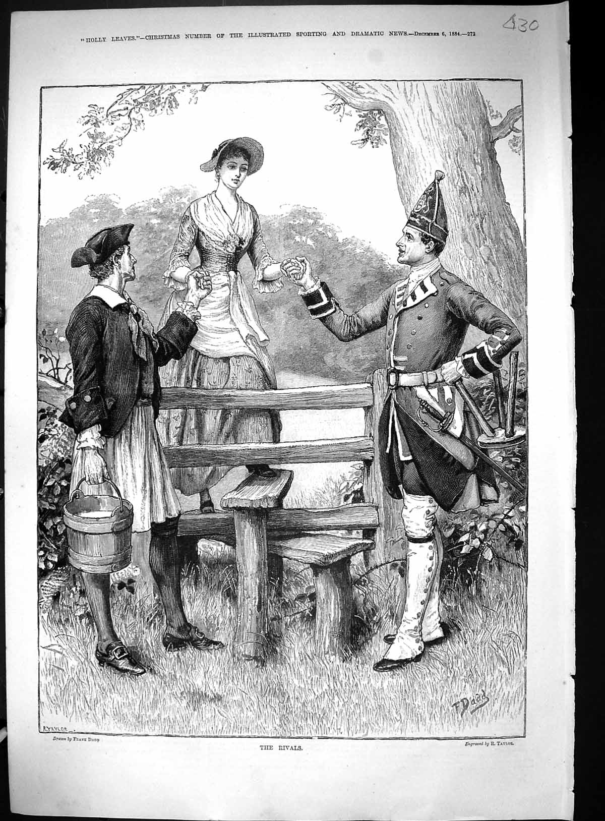 Antique Old Print 1884 Rivals Beautiful Woman Fence Style Men Romance Dadd 19th