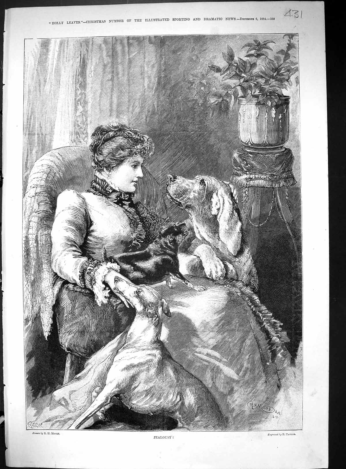 Antique Old Print 1884 Portrait Beautiful Woman Sitting Chair Pet Dogs Moore