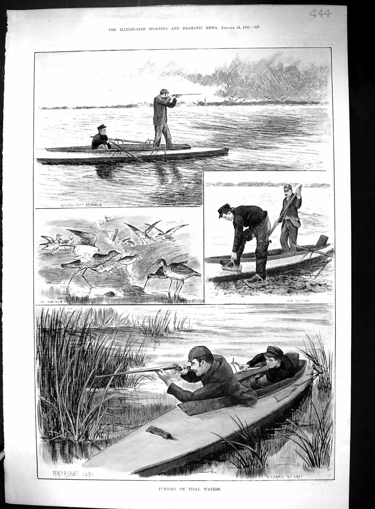 Antique Print 1891 Punting Tidal Waters River Shooting Hunting Birds Ounlin
