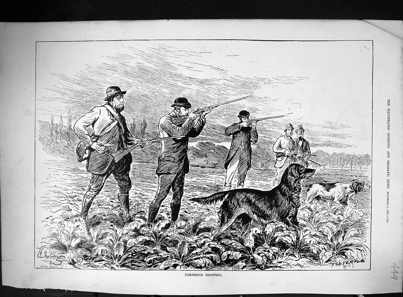 Antique Print 1881 Partridge Shooting Hunting Birds Gun Dogs Sport Huntsmen