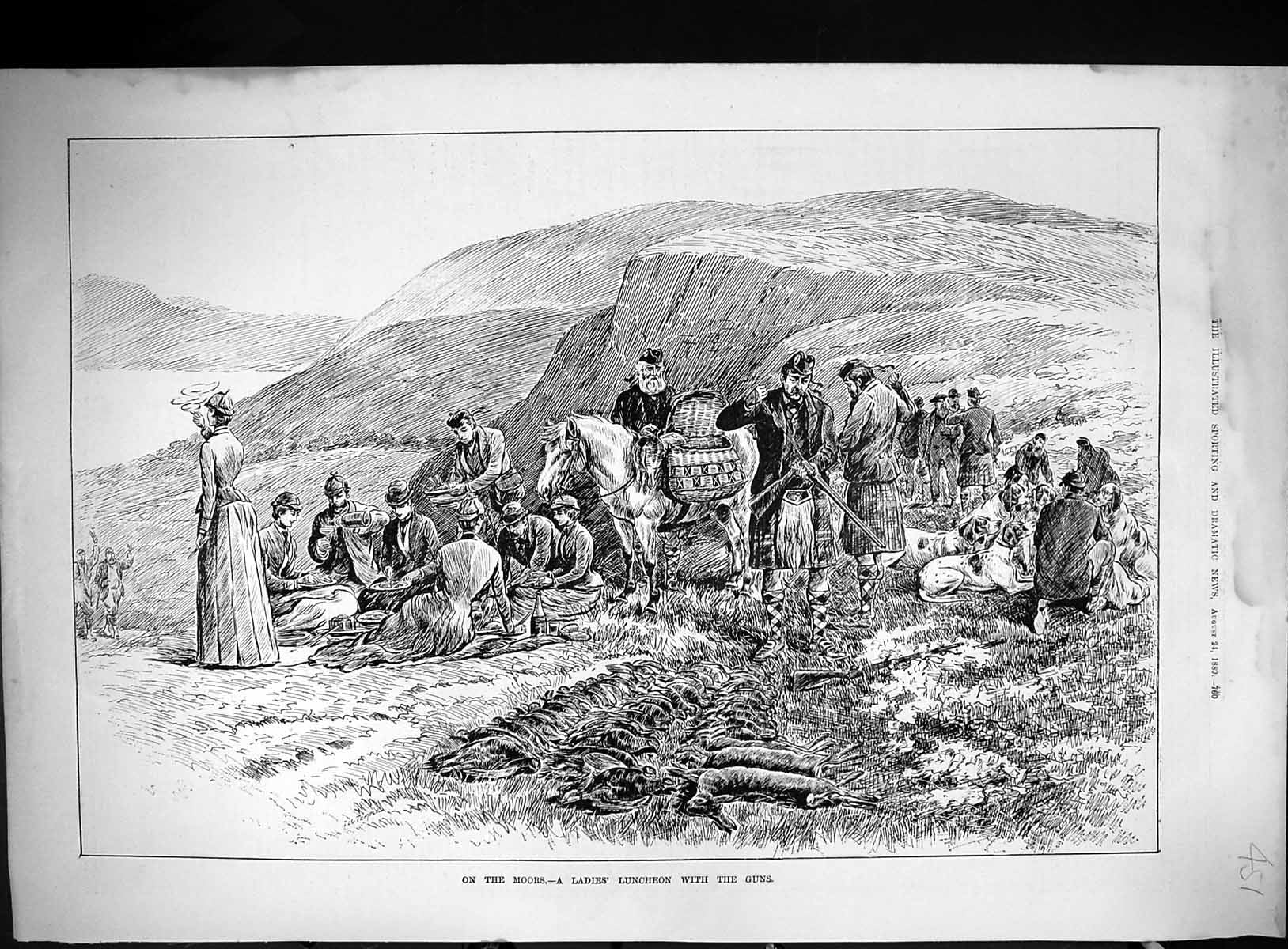 Old Print 1889 Scene Moors Hunting Ladies Luncheon Guns Shooting Rabbits 19th