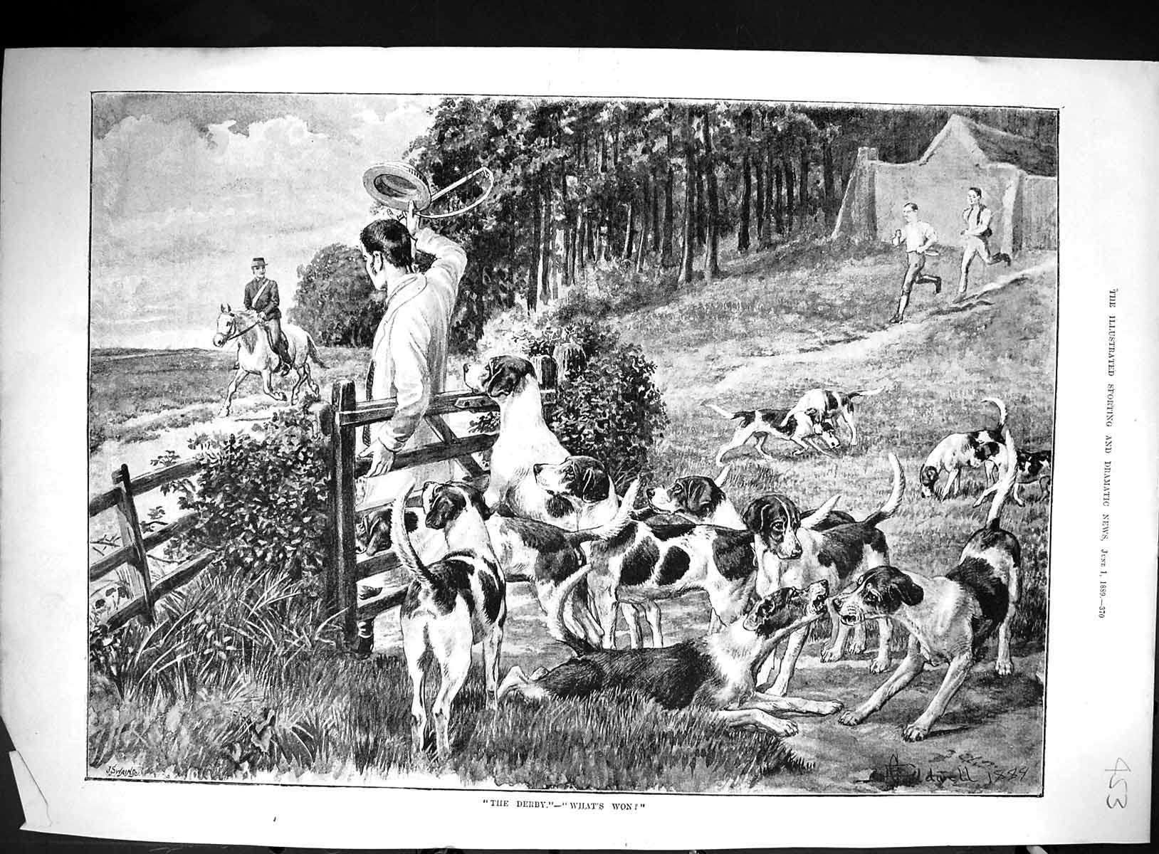 Antique Old Print Hunting Dogs Sport Men Running Horse Trees Countryside 1889