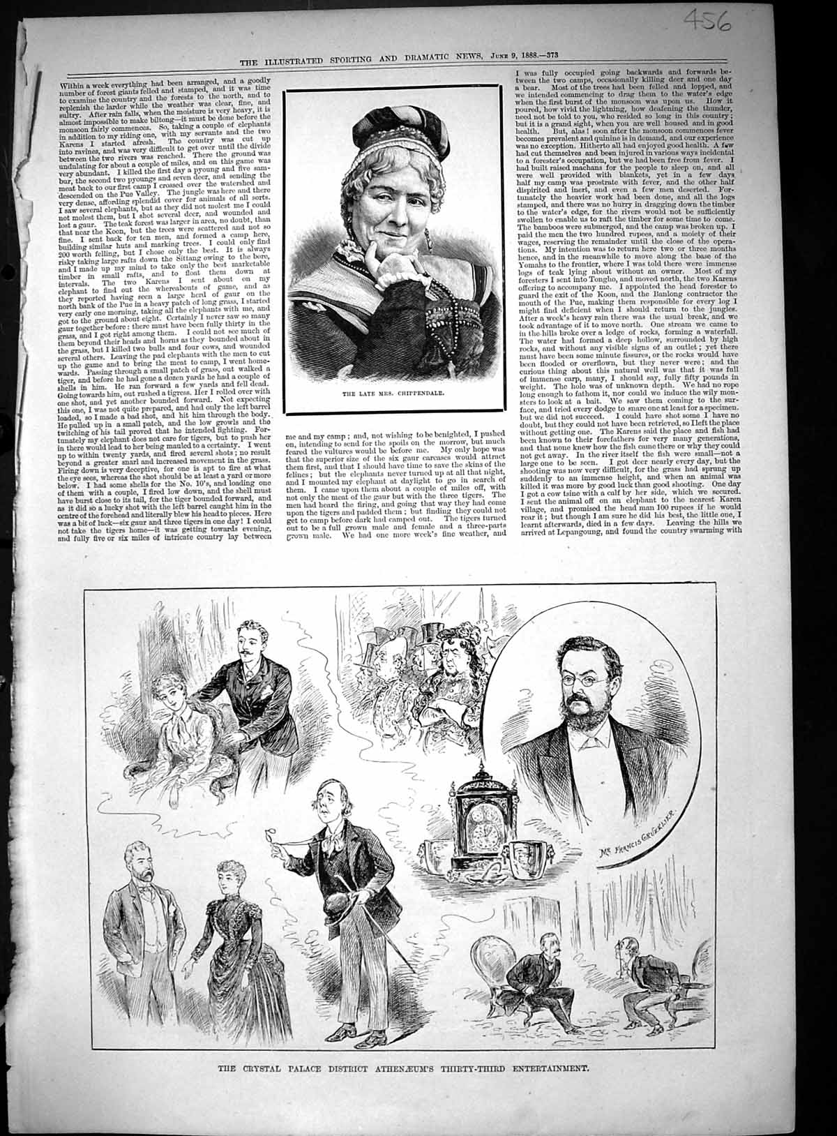 Old Antique Print 1888 Chippendale Crystal Palace Athenaeum Entertainment 19th