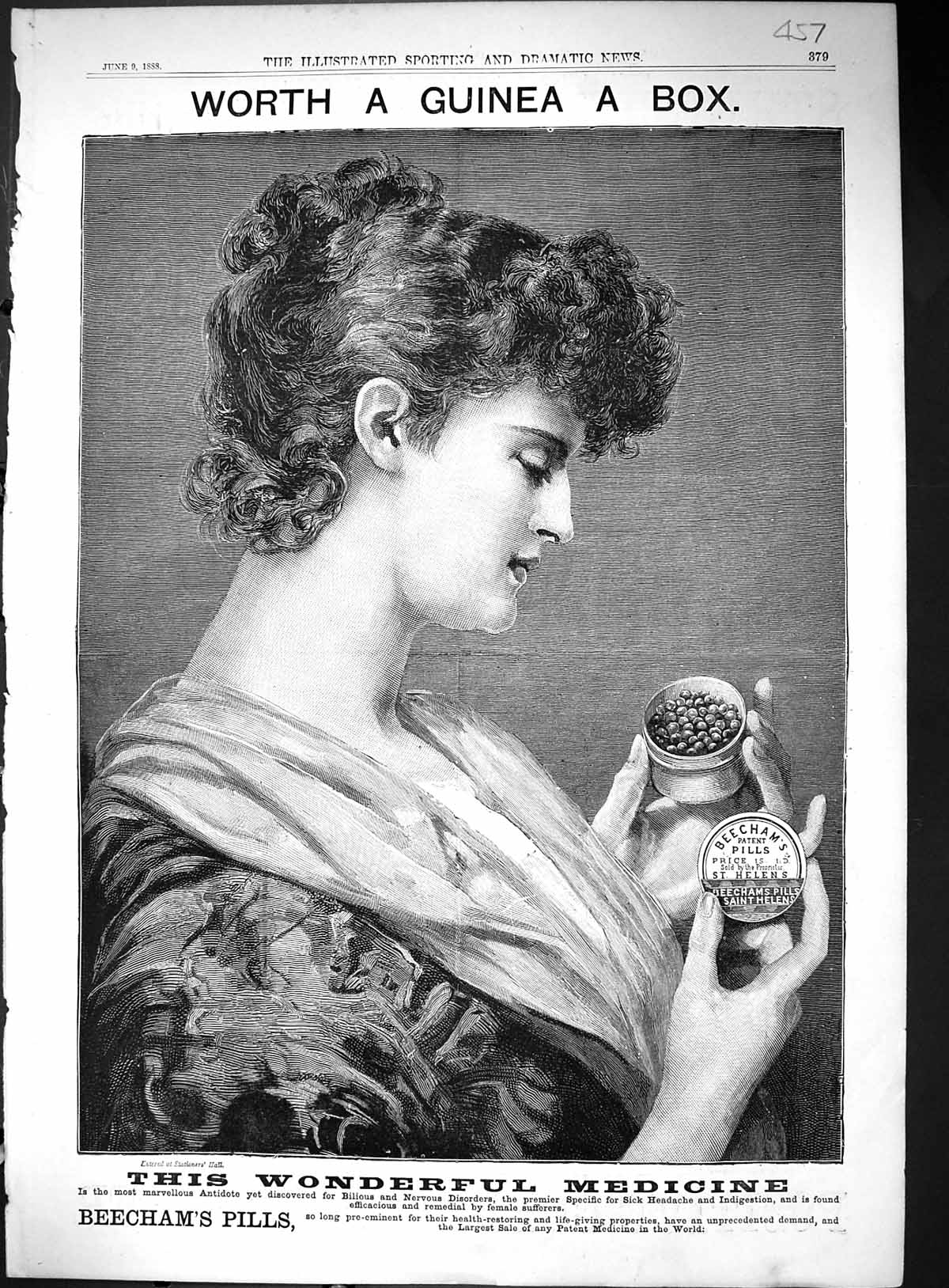 Antique Old Print 1888 Advertisement Beechams Pills Medicine Beautiful Woman