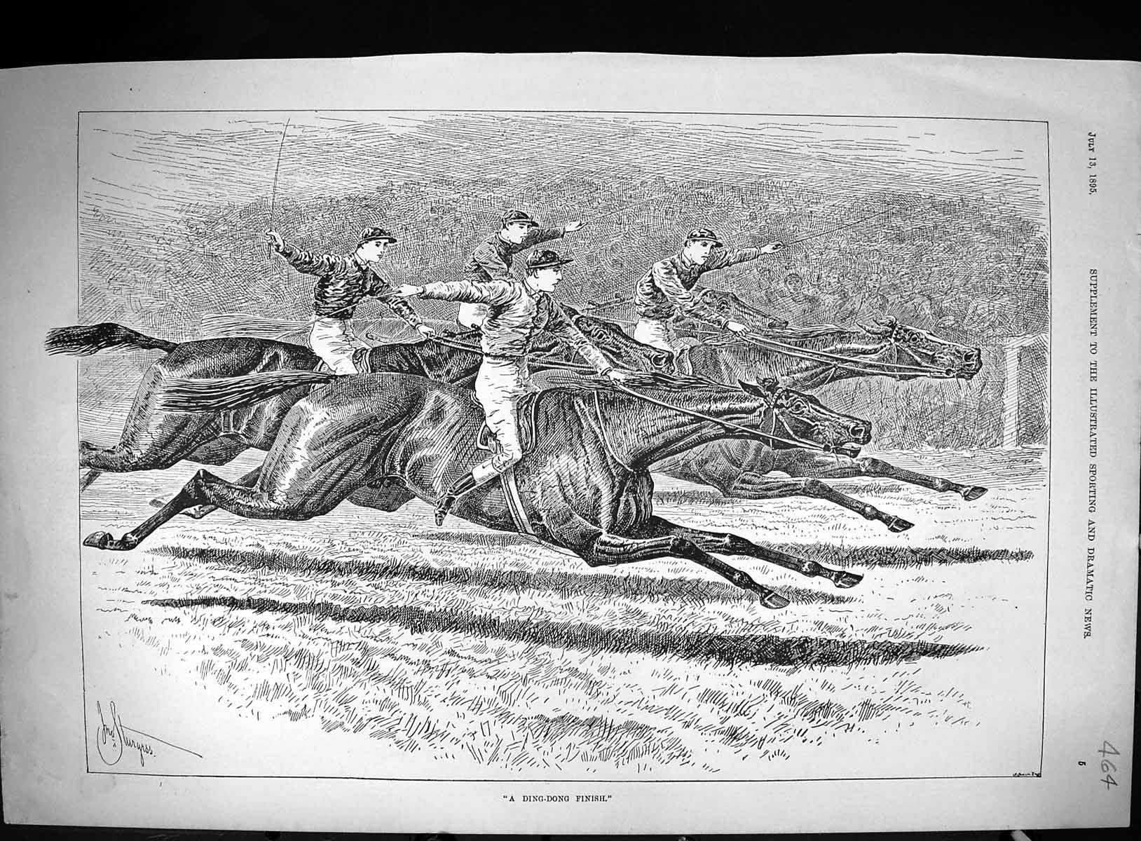 Old 1895 Ding-Dong Finish Horse Racing Jockeys Finish-Line Sport Swai Victorian