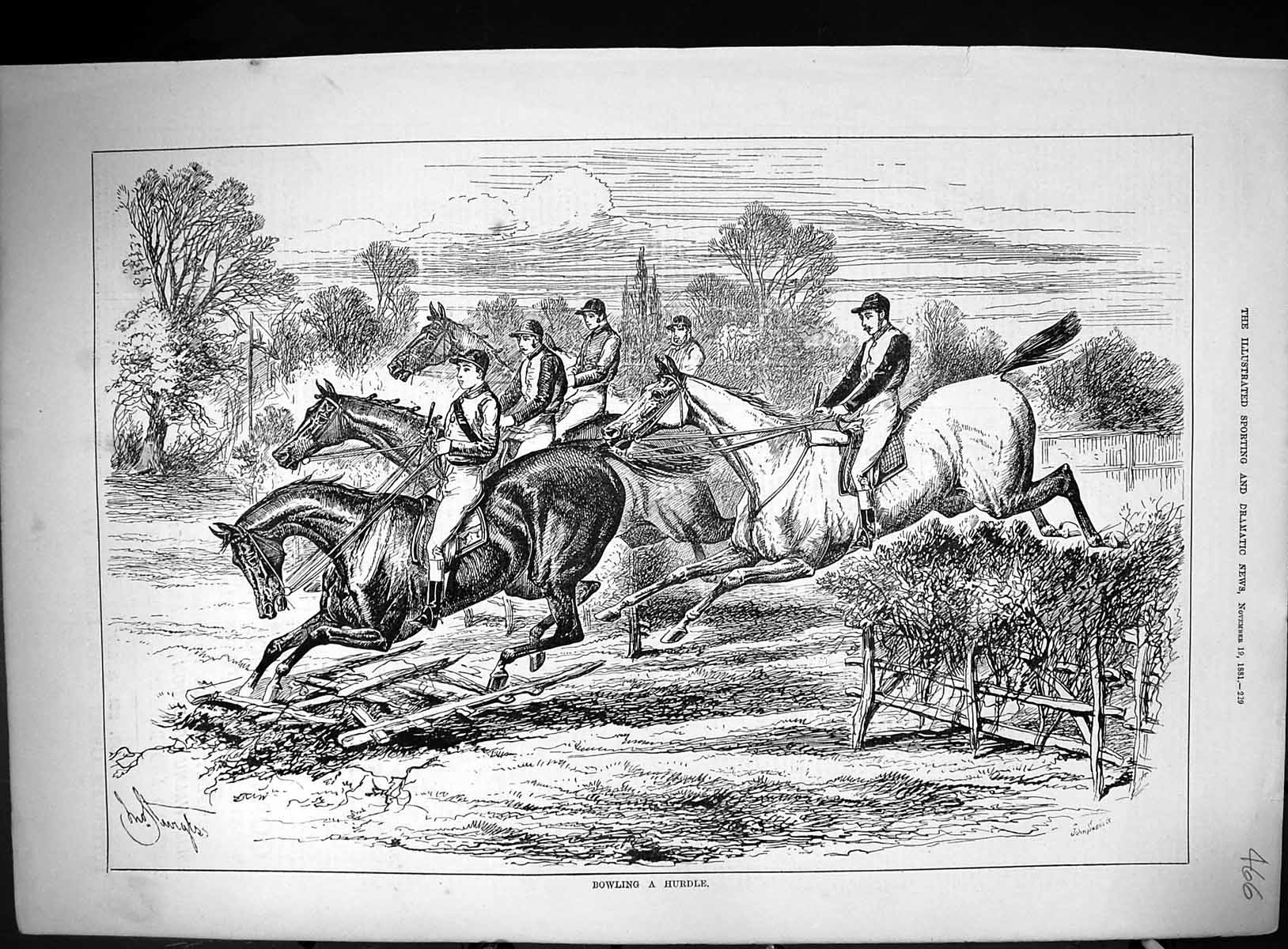 Old 1881 Bowling Hurdle Horse Racing Jockeys Jumping Hedge Sport Swai Victorian