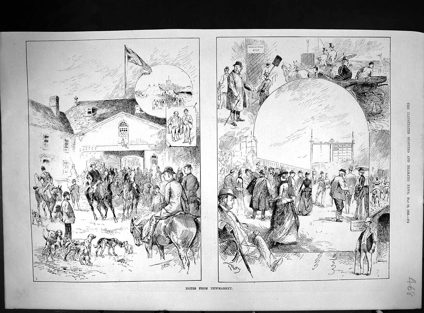 Old Antique Print 1888 Newmarket Horse Racing Sport Hounds Dogs Hunting 19th