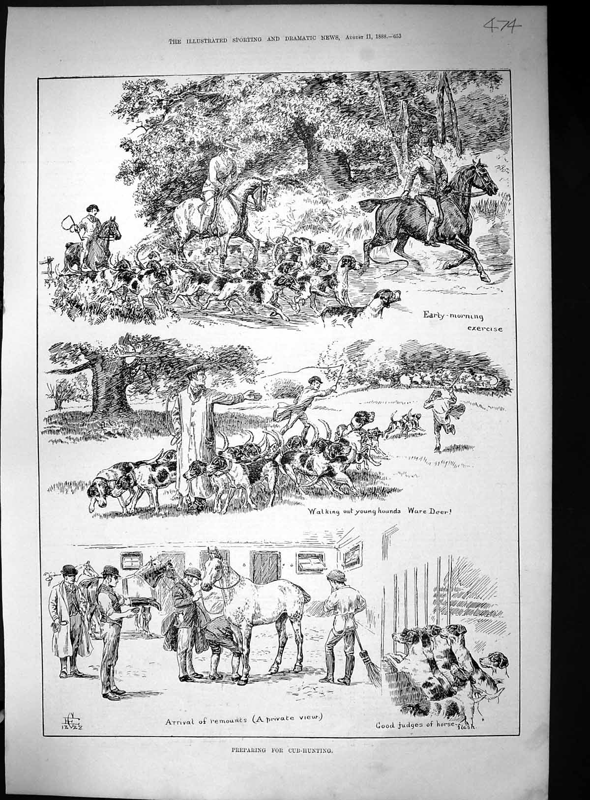 Original Old Antique Print 1888 Fox Cub Hunting Hounds Dogs Huntsmen Sport 19th