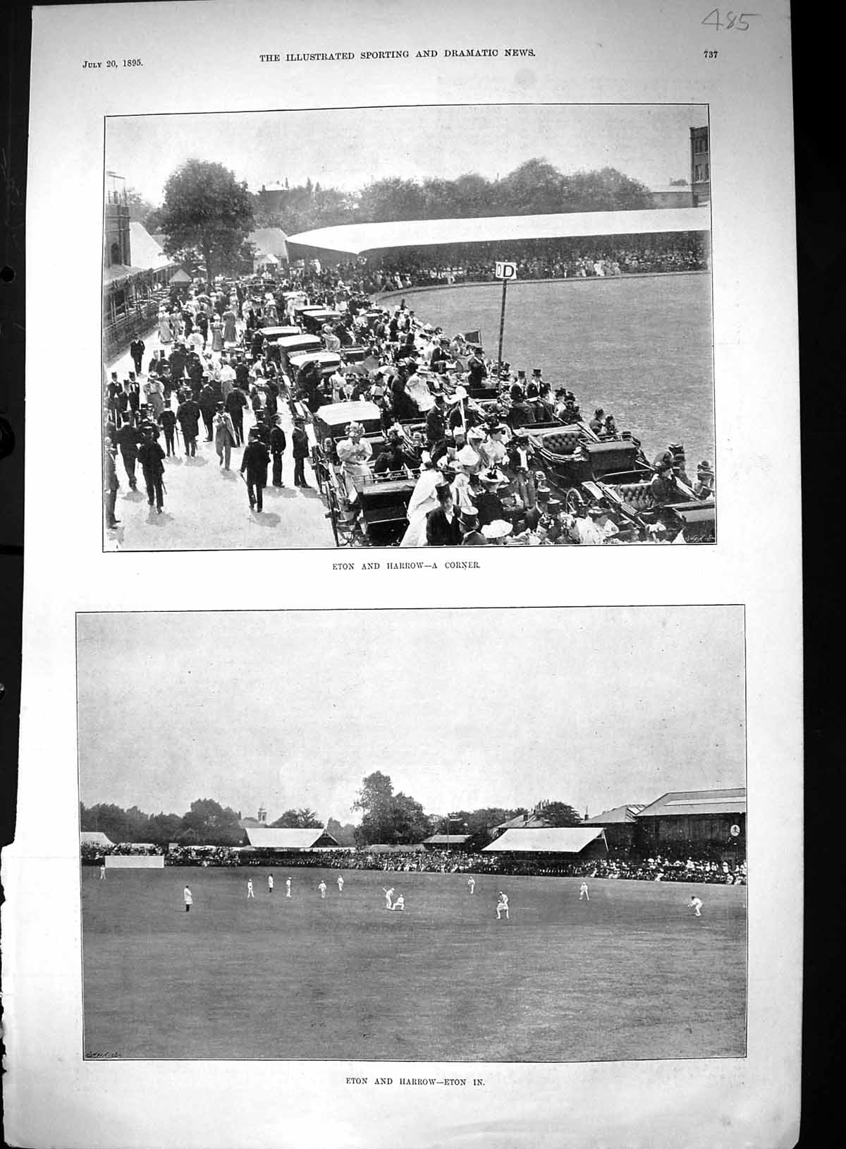 Original Old Antique Print 1895 Eton Harrow Cricket Sport Men Spectators 19th