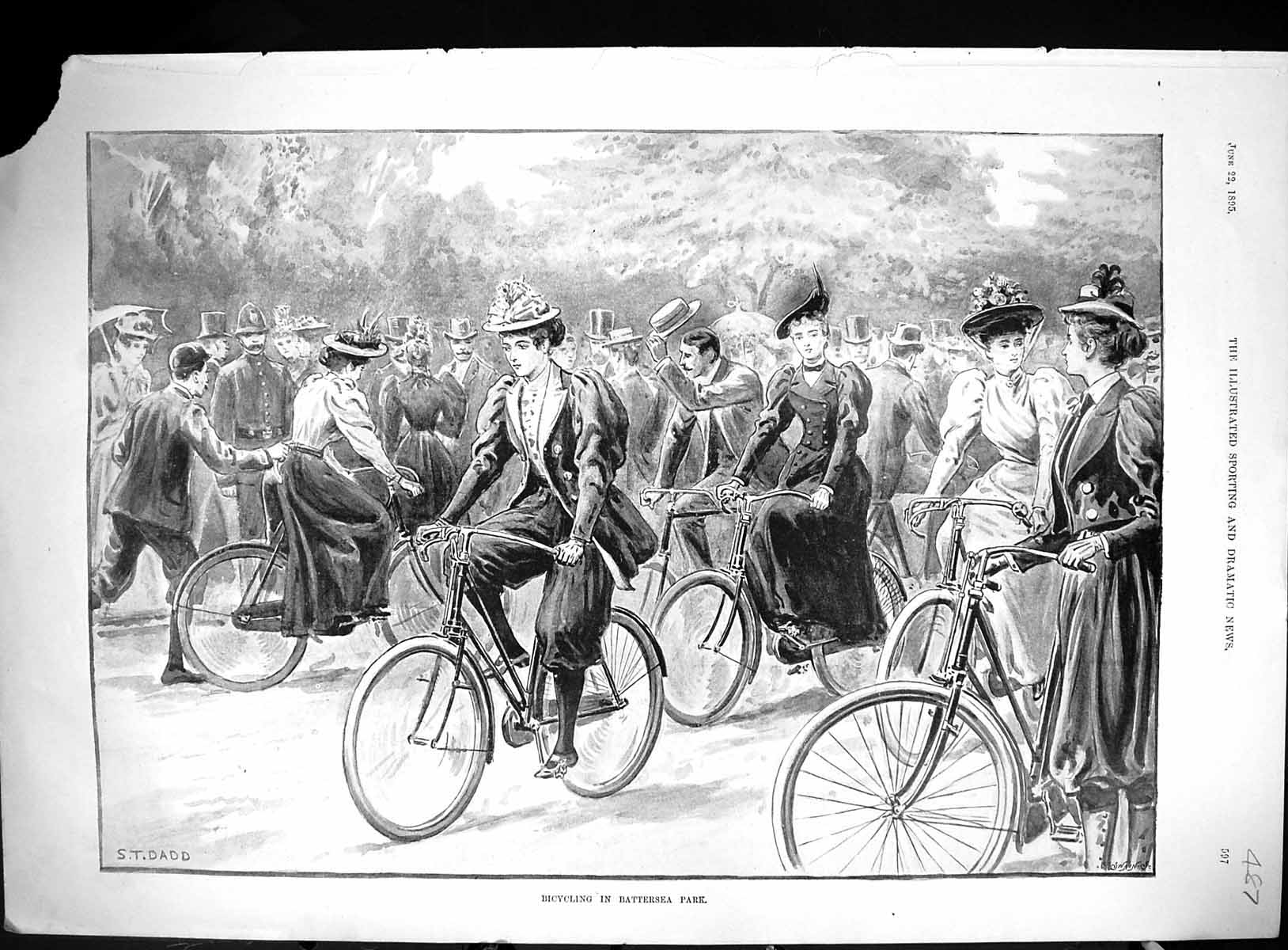 Old 1895 Bicycling Battersea Park London Bicyles Ladies Men Policeman Victorian