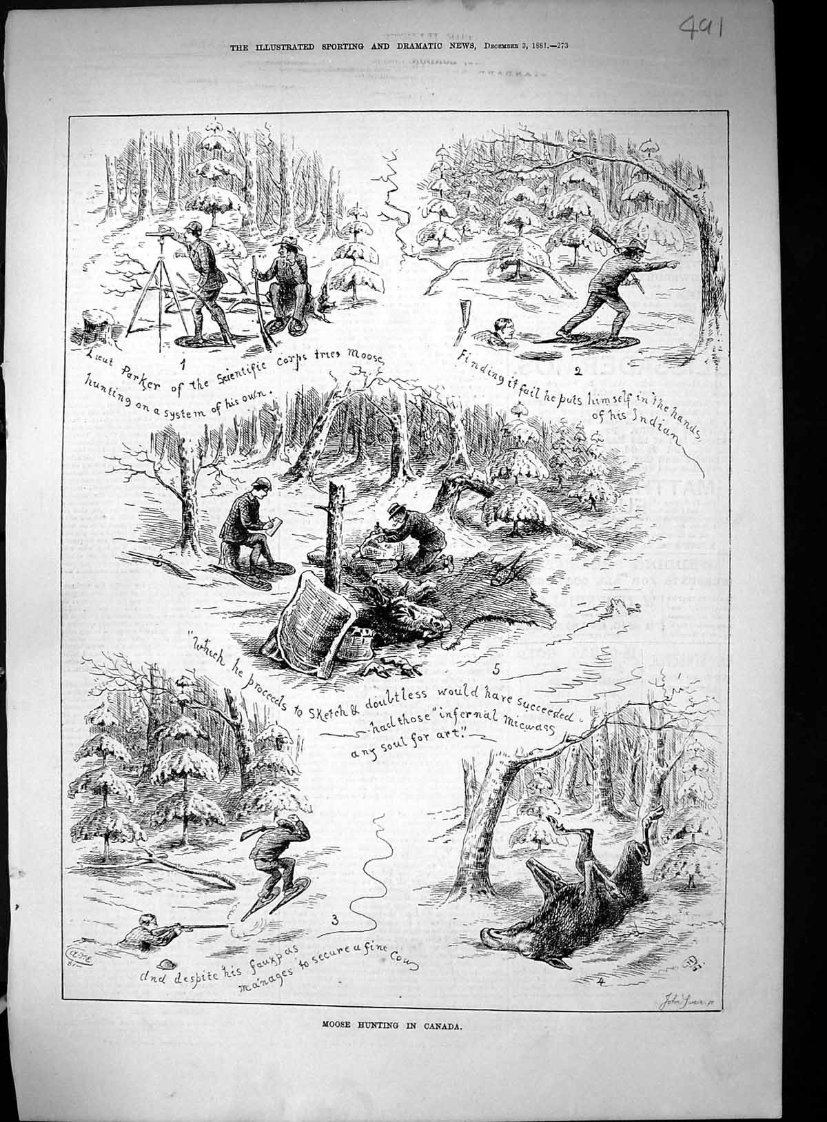 Old Antique Print 1881 Moose Hunting Canada Sport Shooting Animals Swain 19th
