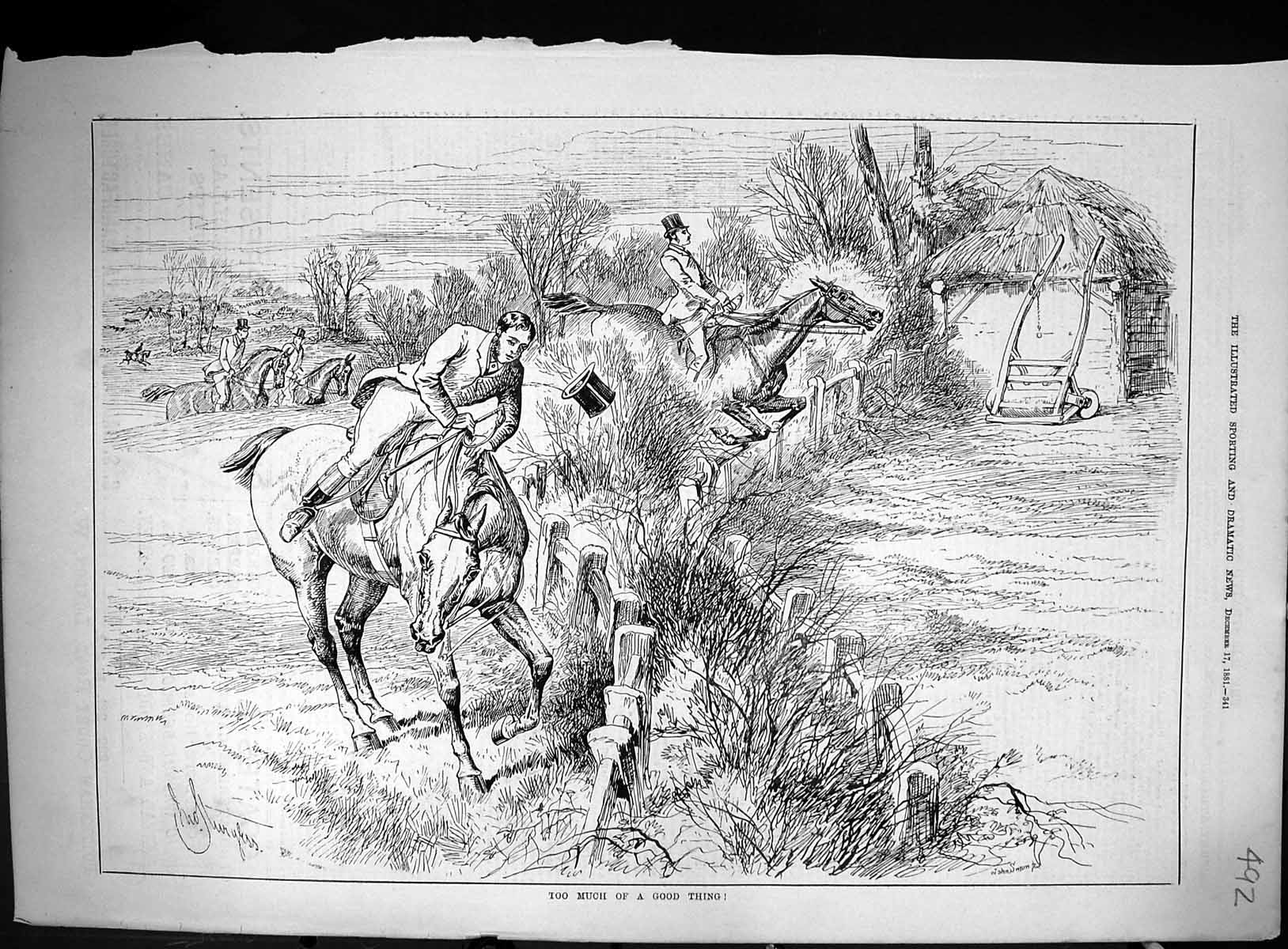 Original Old Antique Print 1881 Fox Hunting Horse Refusing Hedge Huntsman Sport