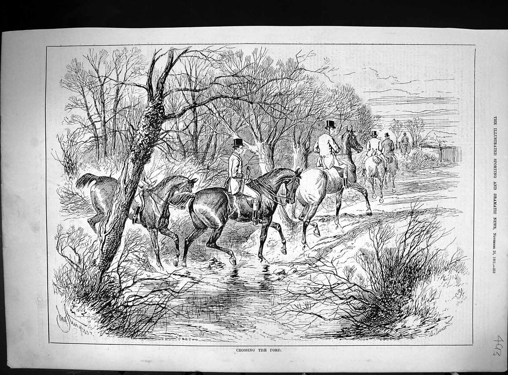 Old Antique Print 1881 Hunting Horses Crossing Ford Huntsmen Sport Swain 19th