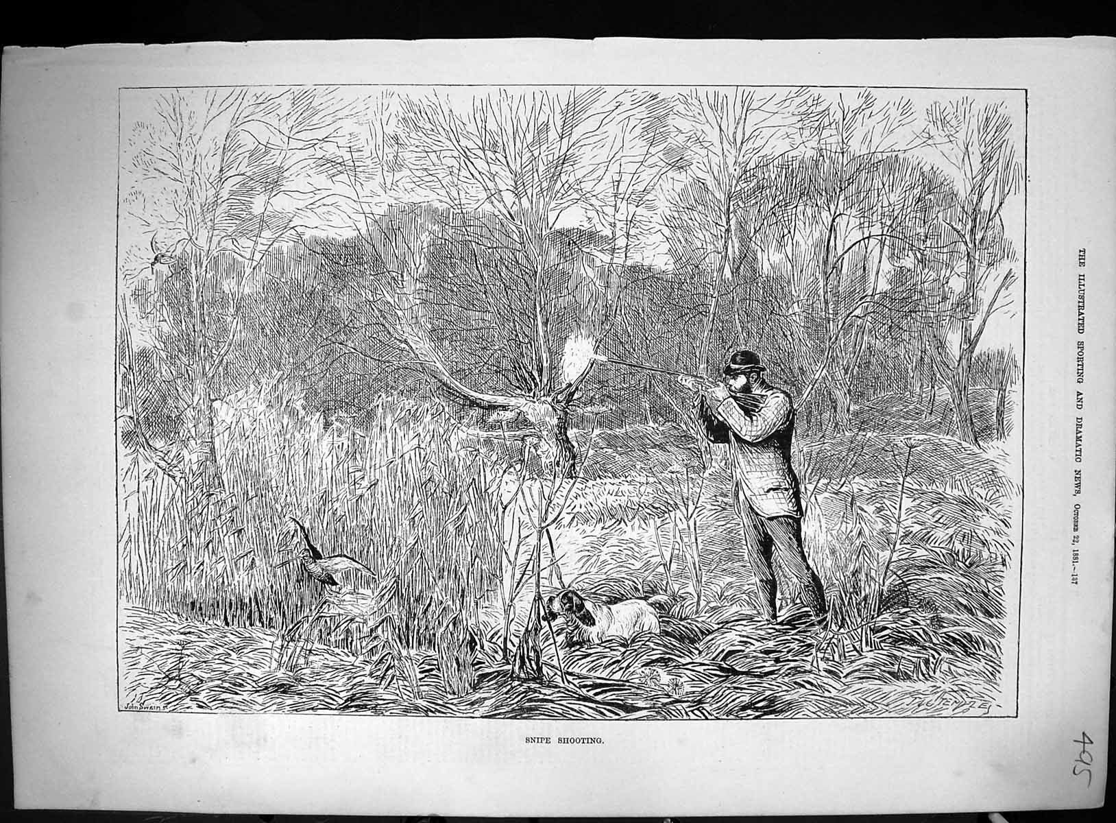 Original Old Antique Print 1881 Snipe Shooting Hunting Birds Man Gun Dog Swain