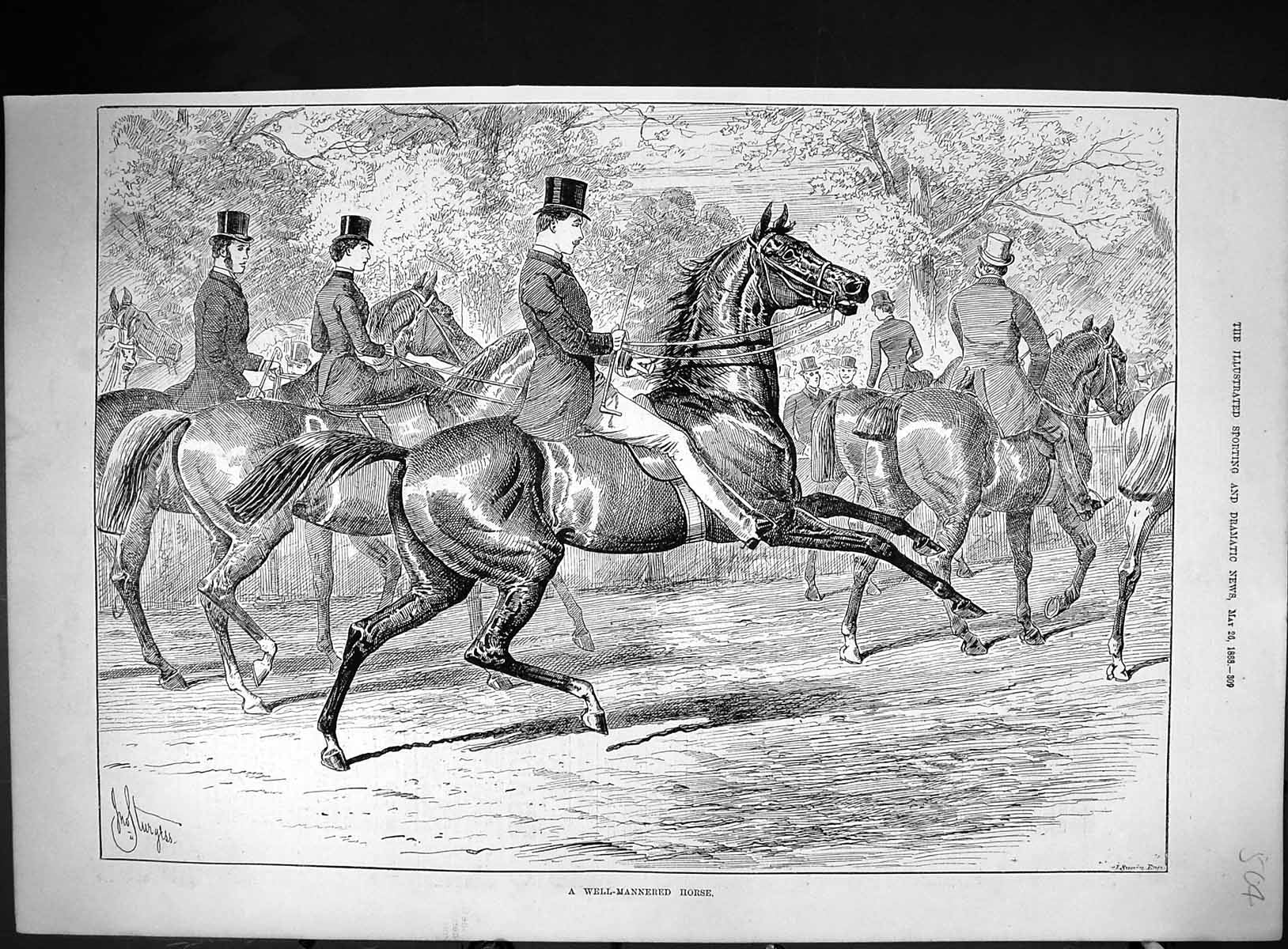 Old Antique Print 1888 Well-Mannered Horse Hunting Huntsmen Sport Swain 19th