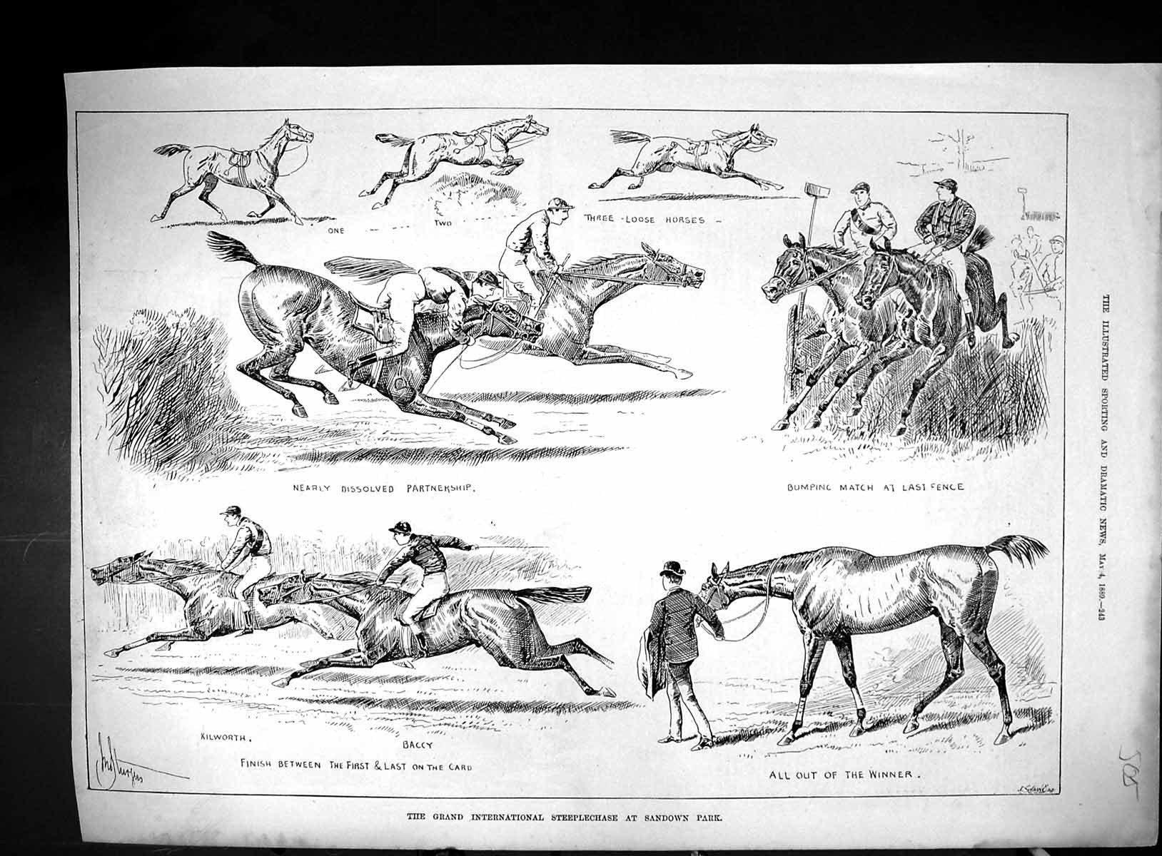 Old 1889 Grand International Steeplchase Sandown Park Horses Kilworth Victorian