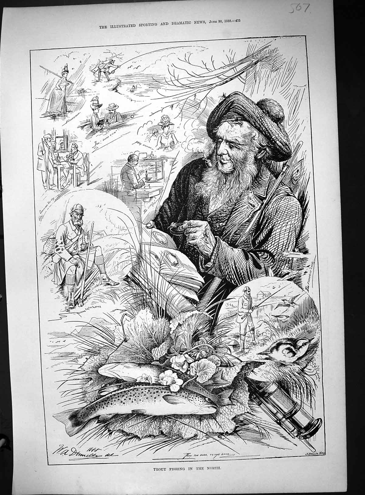 Original Old Antique Print 1888 Trout Fishing Scotland Fish River Scene Swain