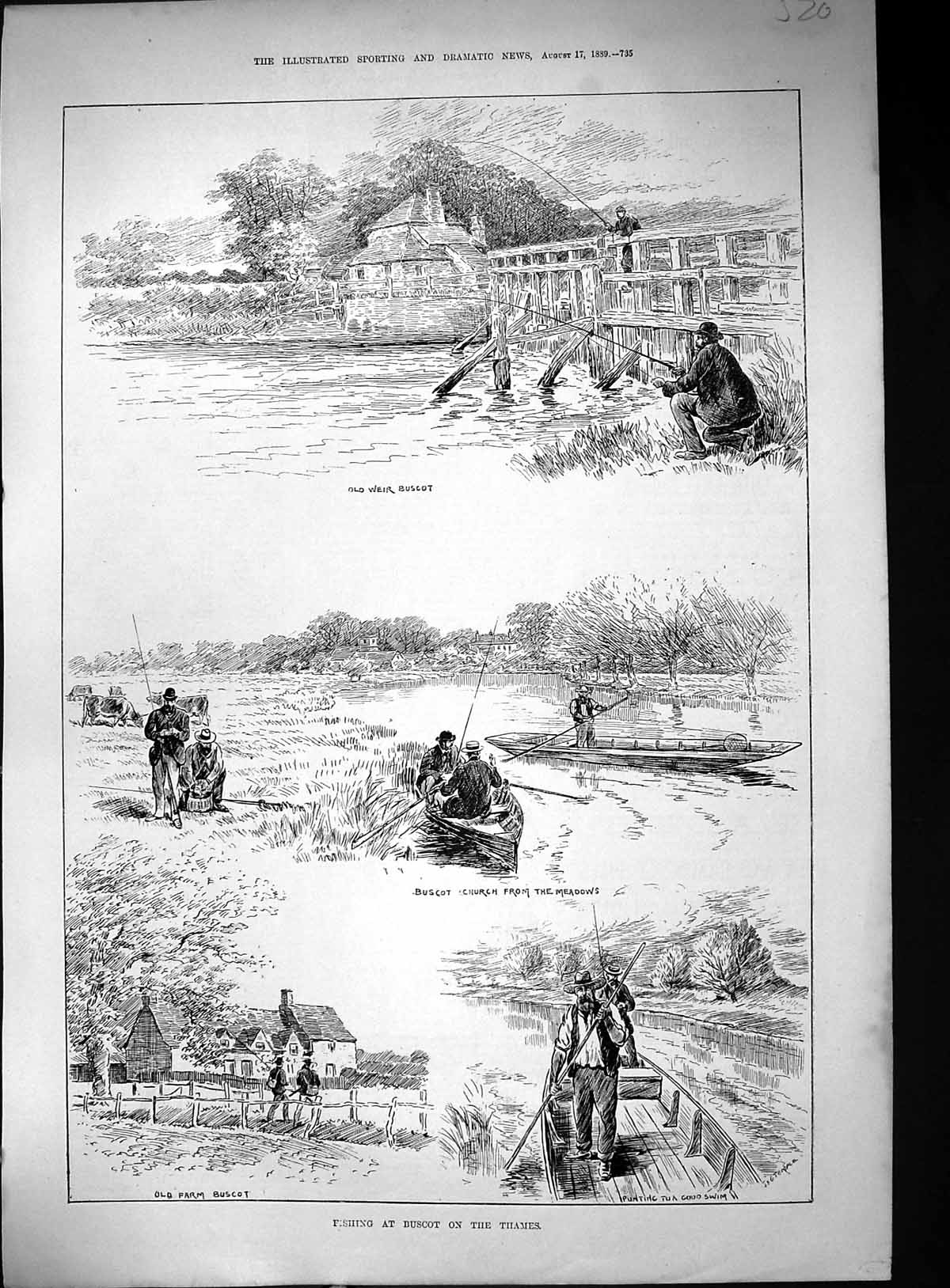 Old 1889 Fishing Buscot River Thames Weir Church Farm Punting Boat Fi Victorian
