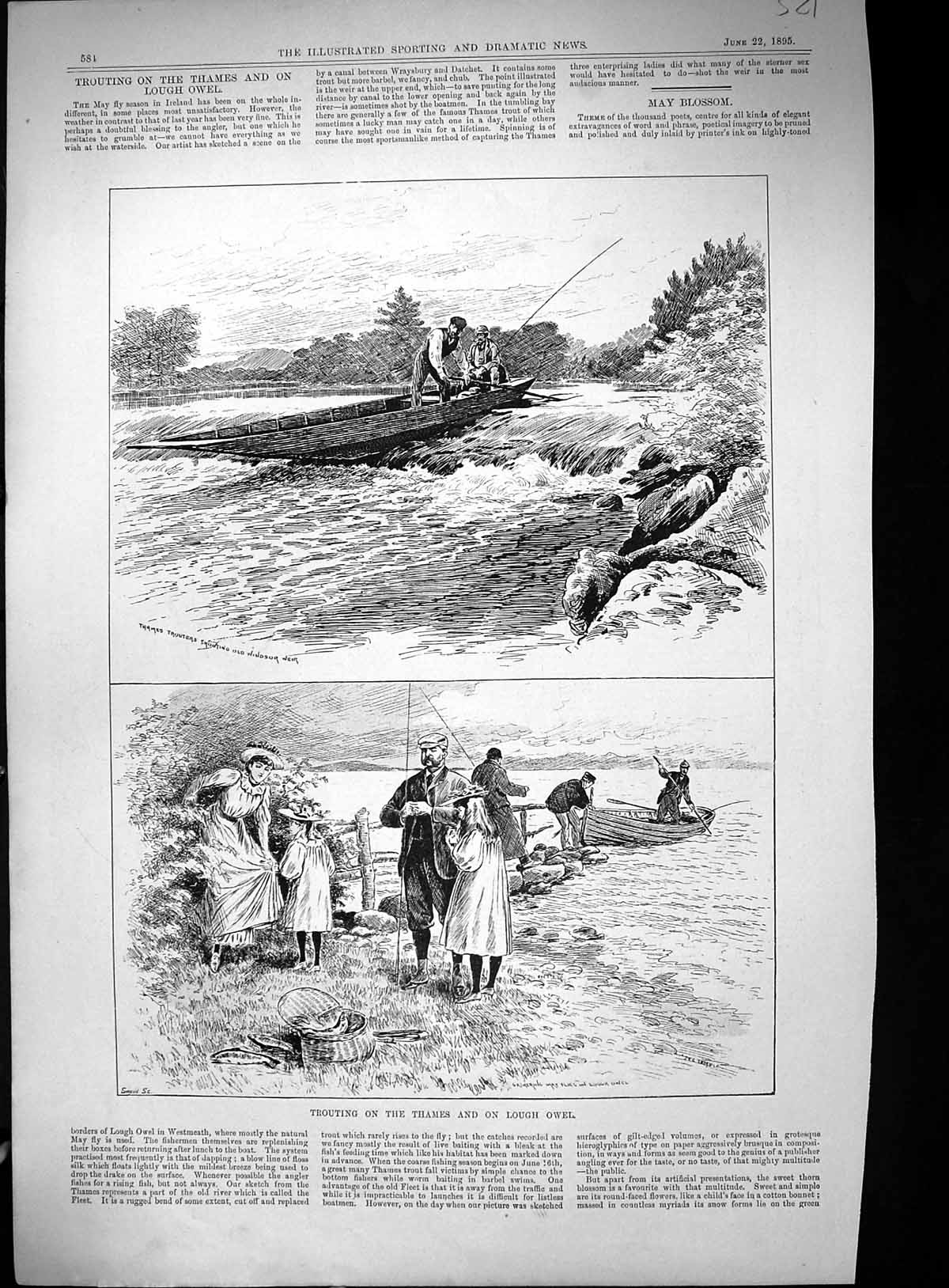 Old 1895 Trouting River Thames Fishing Lough Owel Windsor Weir May Fl Victorian
