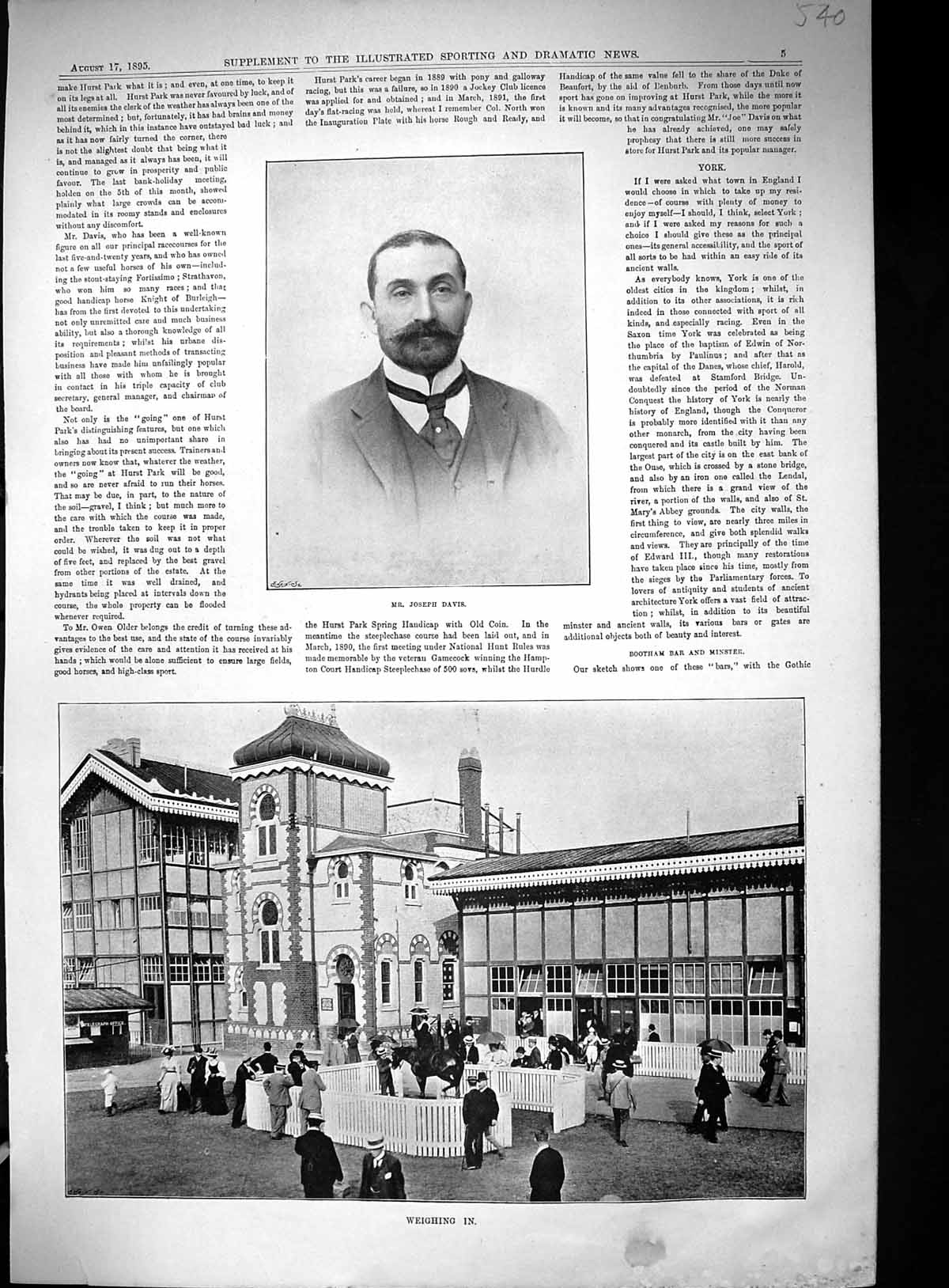 Antique Old Print 1895 Portrait Joseph Davis Horse Racing Weighing Inn Sport