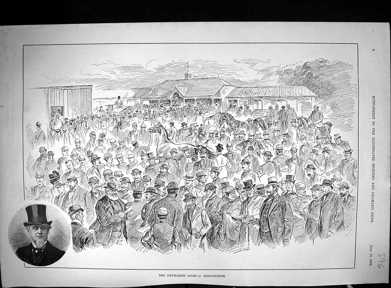Original Old Antique Print 1895 Newmarket Horse Sales Reminiscence Auction 19th