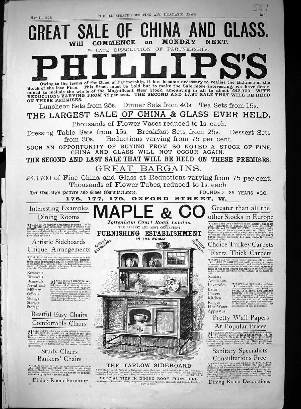 Old Print 1895 Phillips'S Sale China Glass Maple Furnishing Establishment 19th